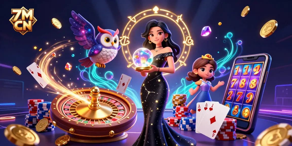 Experience thrilling gaming with 7M CN showcasing a stunning black-gowned woman and mystical owl in vibrant casino action.