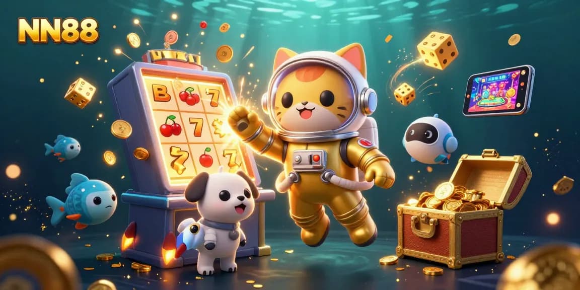 Experience thrilling gameplay at NN88 with a dynamic illustration showcasing a jackpot slot machine and playful characters.