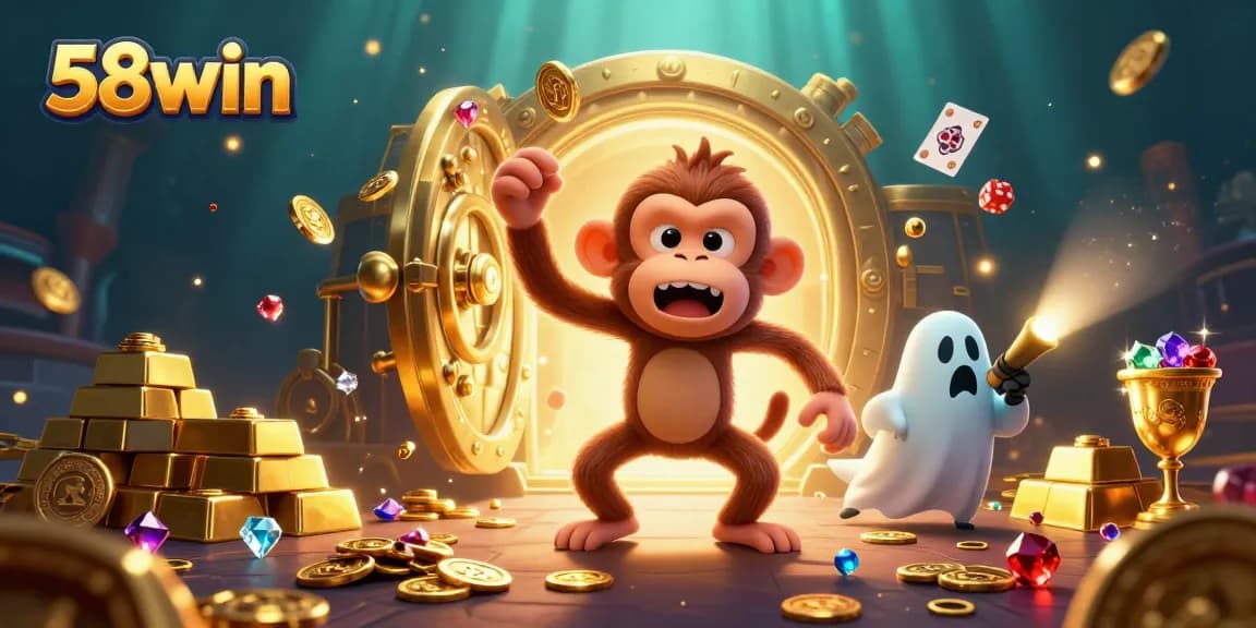 Experience 58win's exciting casino atmosphere with mischievous characters and golden treasures in this vibrant illustration.