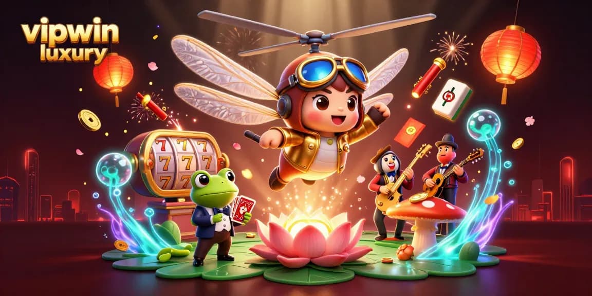 Experience the vibrant energy of vipwin luxury with a floating 3D dragonfly pilot and lively casino scene.