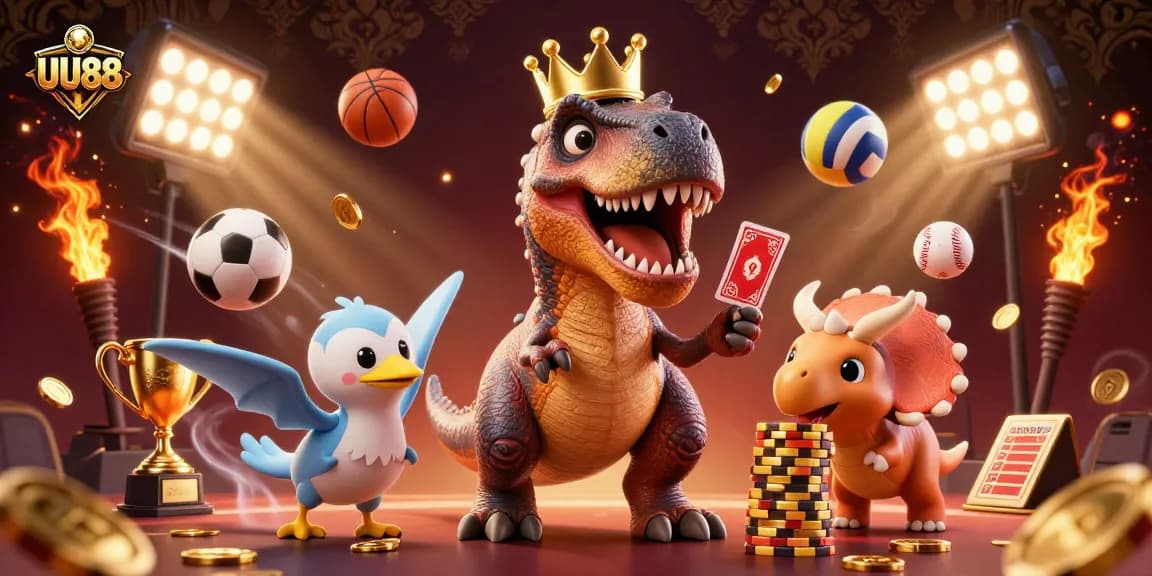 UU88 engaging with a lively casino scene with a dinosaur character playing cards and surrounded by dynamic sports elements.
