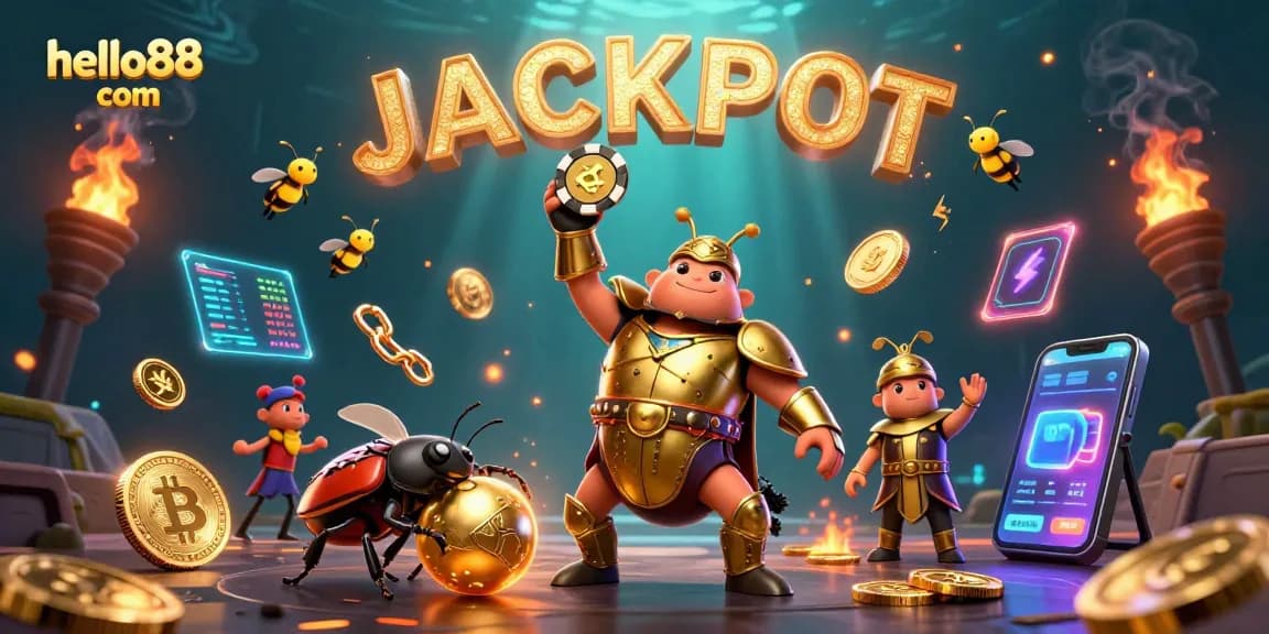 Win big with hello88 com, featuring an epic illustration of a golden-armored beetle celebrating a jackpot!