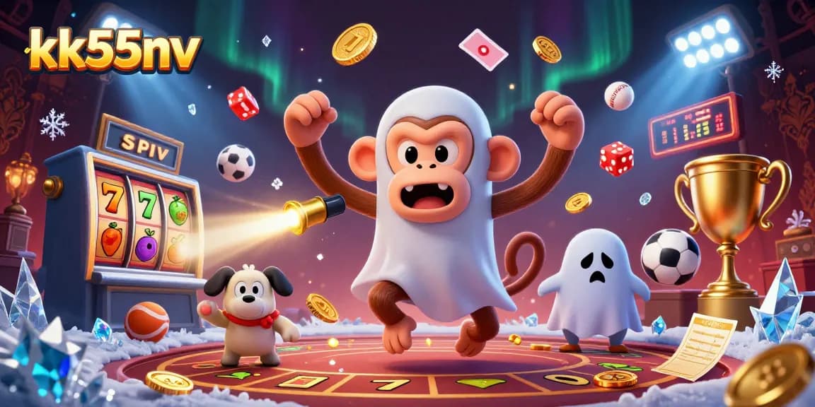 Win big at KK55nv with a playful monkey juggling casino tokens in a haunted setting.
