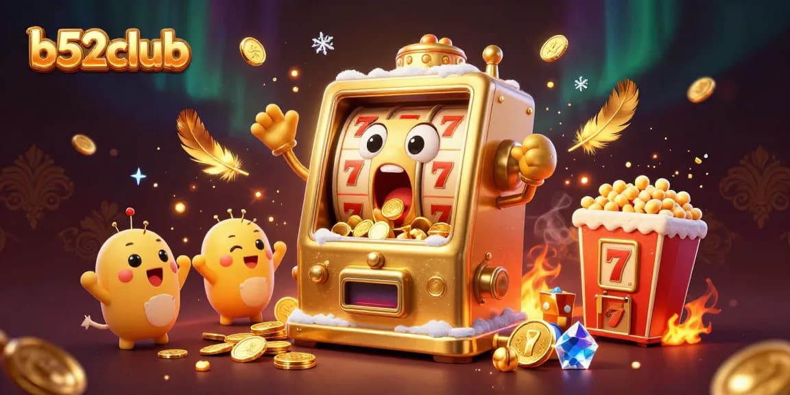 Experience the thrill of b52club with a golden slot machine celebrating its jackpot amidst a vibrant casino scene.