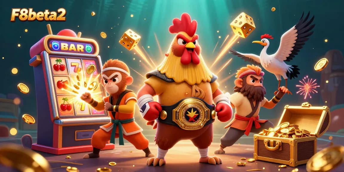 Experience the thrill with F8beta2 in a vibrant casino scene featuring dynamic characters and winning symbols.