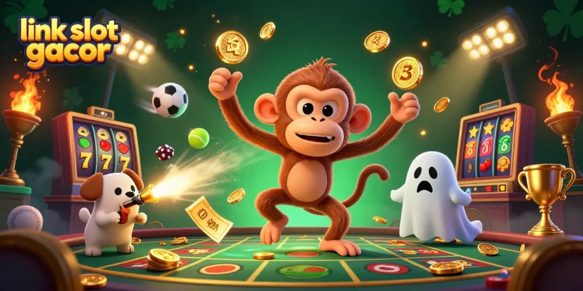 View the dynamic scene of link slot gacor featuring a playful monkey and a curious puppy in a vibrant casino.