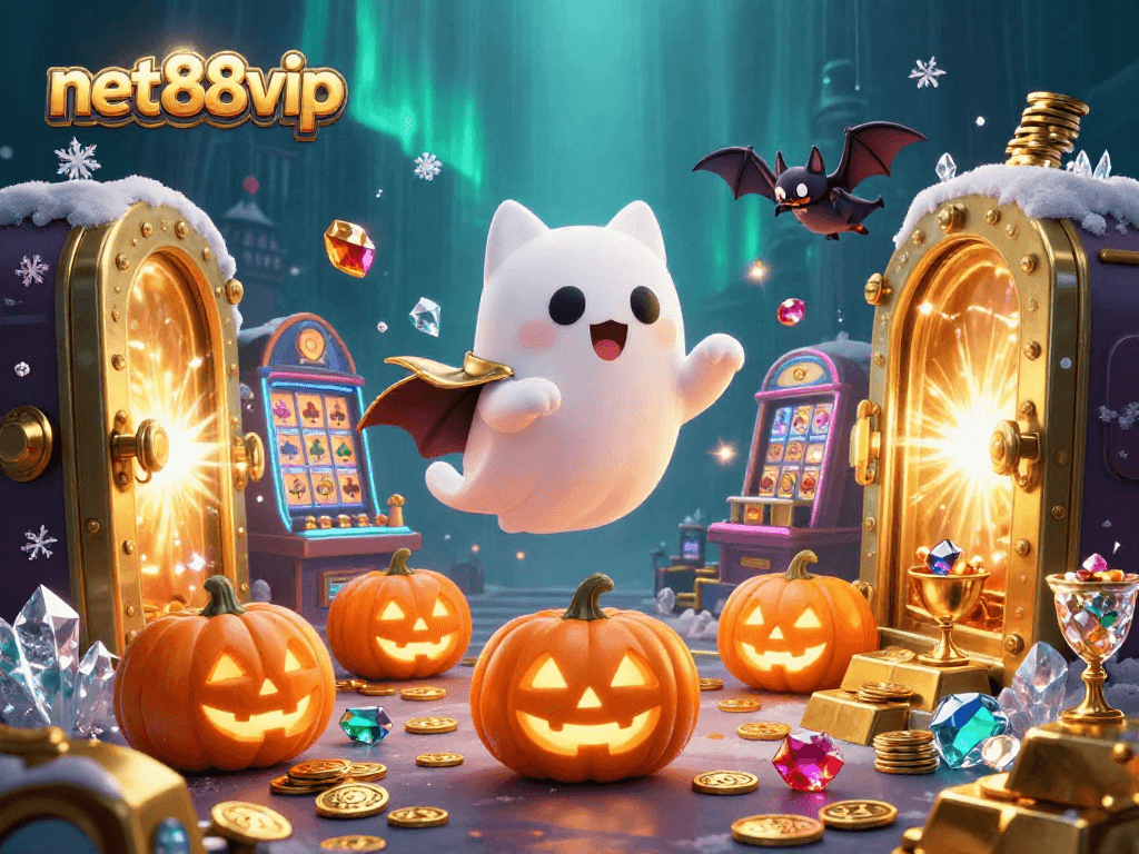 Experience thrilling gameplay at net88vip with friendly ghost cat and vampire bat in a vibrant casino scene.