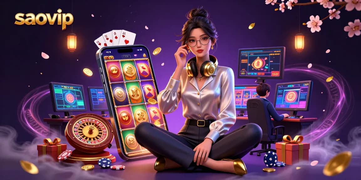 Engage in thrilling gameplay at saovip, featuring a vibrant casino scene with slot games and dynamic elements.