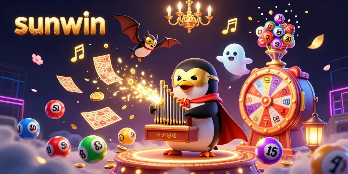 Engage with sunwin's vibrant scene of an opera penguin and a bat acrobat, swirling with casino excitement.