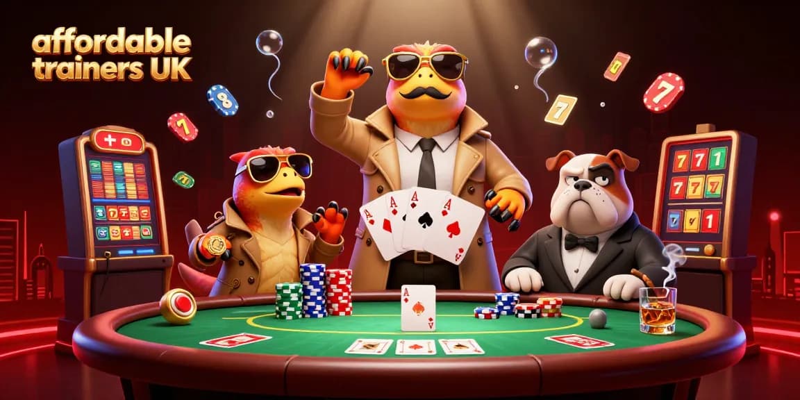 Experience the thrill of affordable trainers UK in a vibrant casino scene with dynamic characters and slot elements.