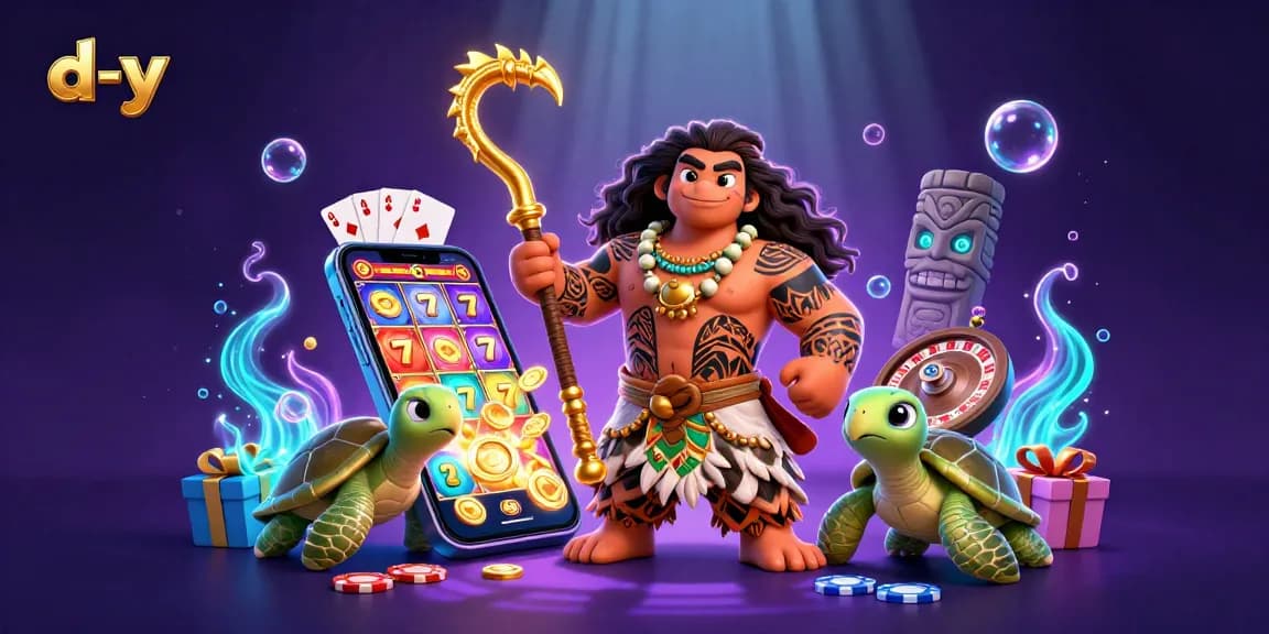 Explore winning strategies with d-y at this vibrant casino-themed 3D illustration featuring slot games and characters.