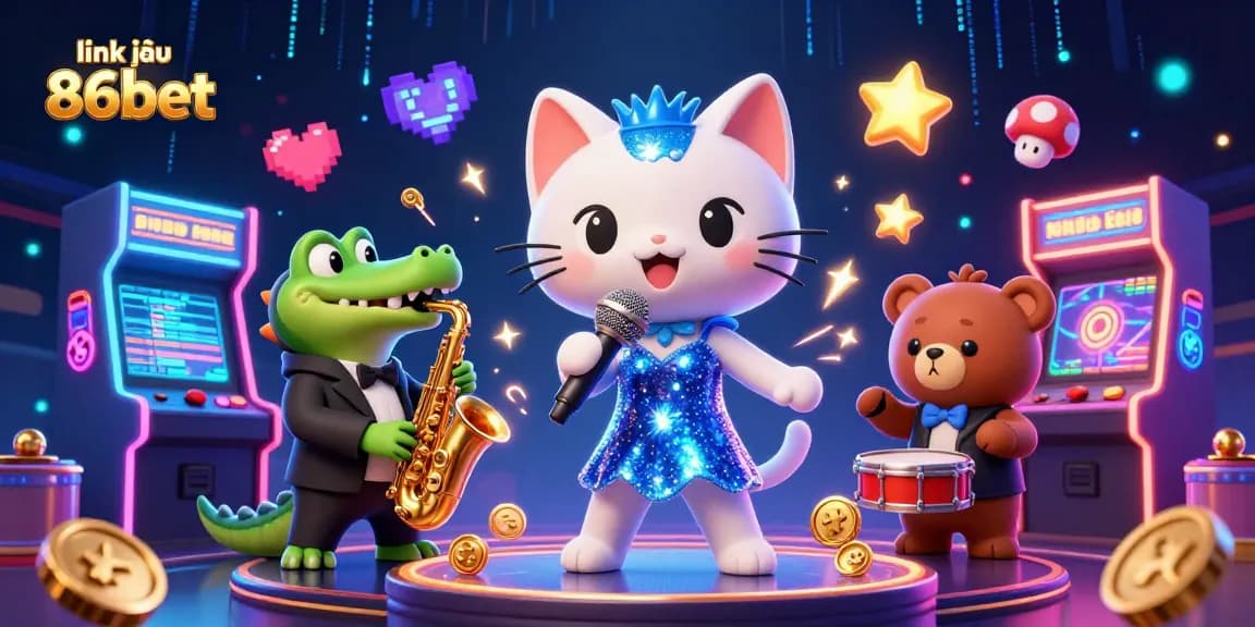 Experience the thrill at link vào 86bet with a playful casino scene featuring vibrant characters and colorful gaming elements.