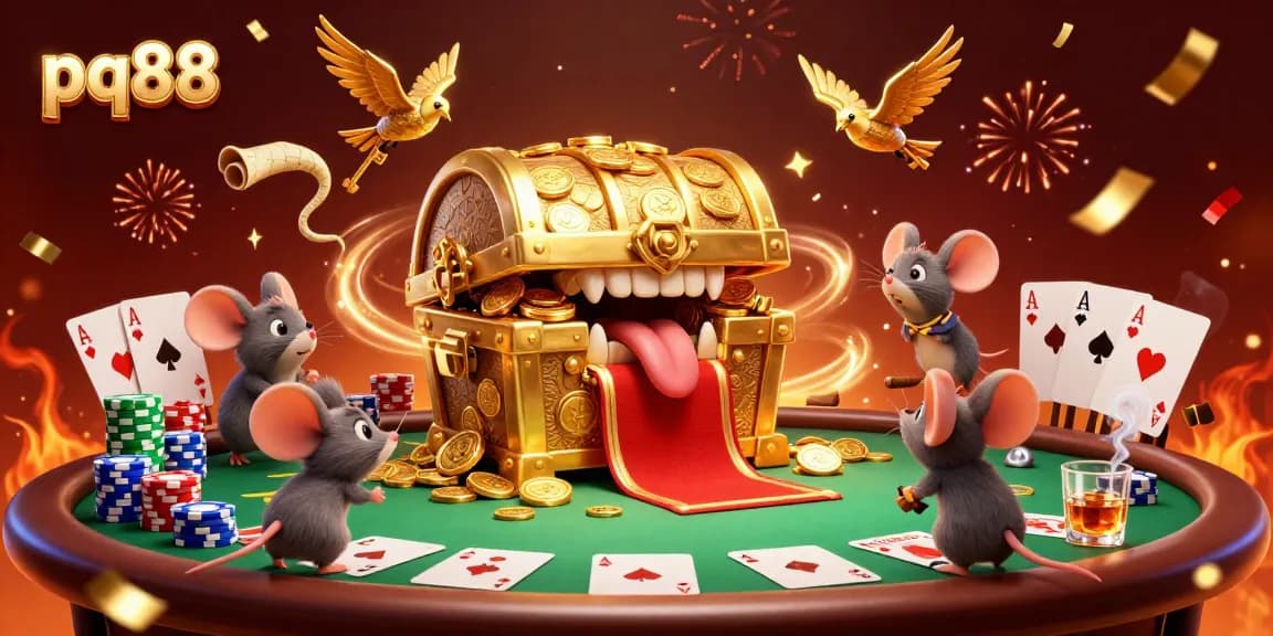 Experience pq88's exciting gaming potential with vibrant 3D visuals of poker tables and treasure chests.