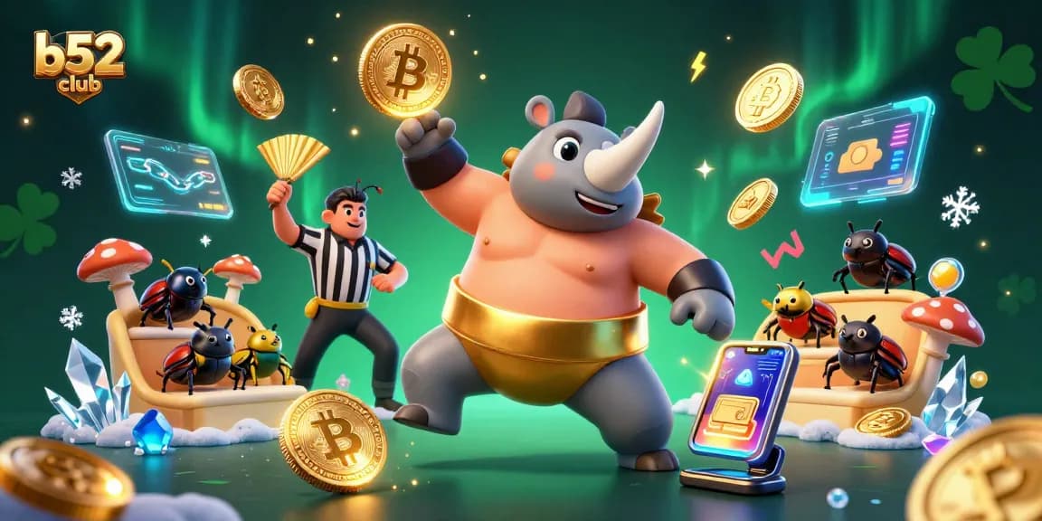 B52Club champions exciting gameplay with vibrant characters and glowing cryptocurrency elements