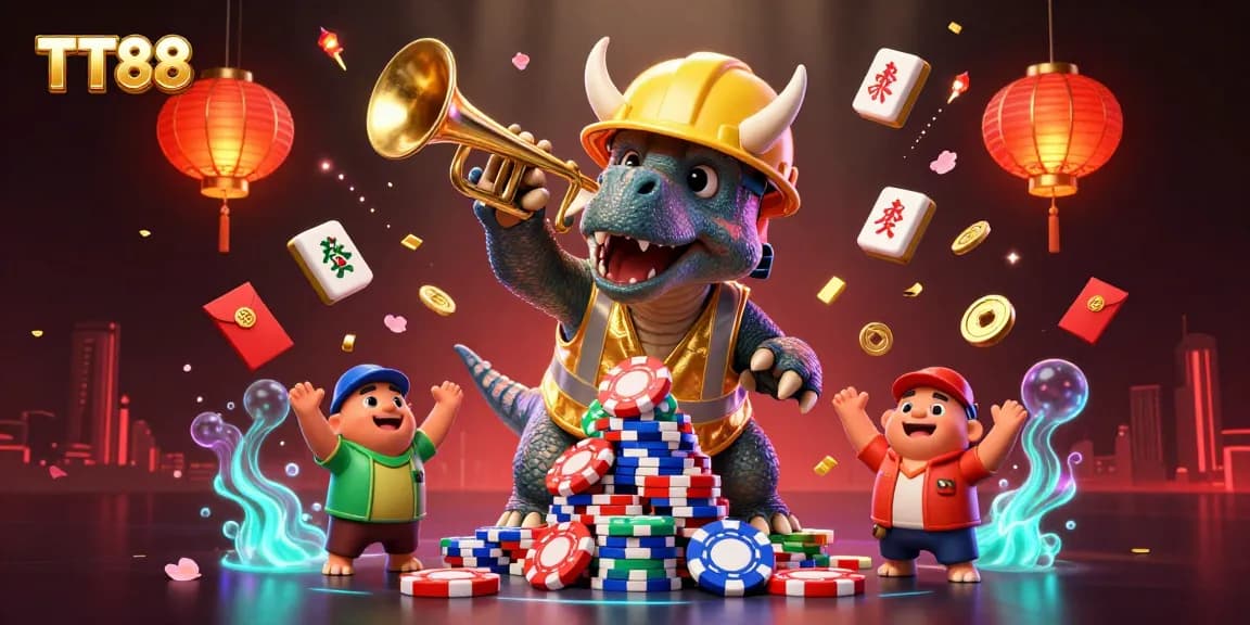TT88 showcases a vibrant 3D cartoon scene celebrating gaming excitement with poker chips and festive elements.