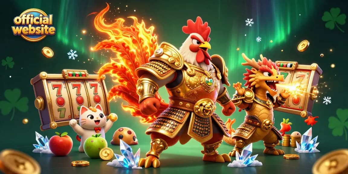 Engage with the official website through vibrant slot action with a fighting rooster and dragon in a thrilling 3D scene.