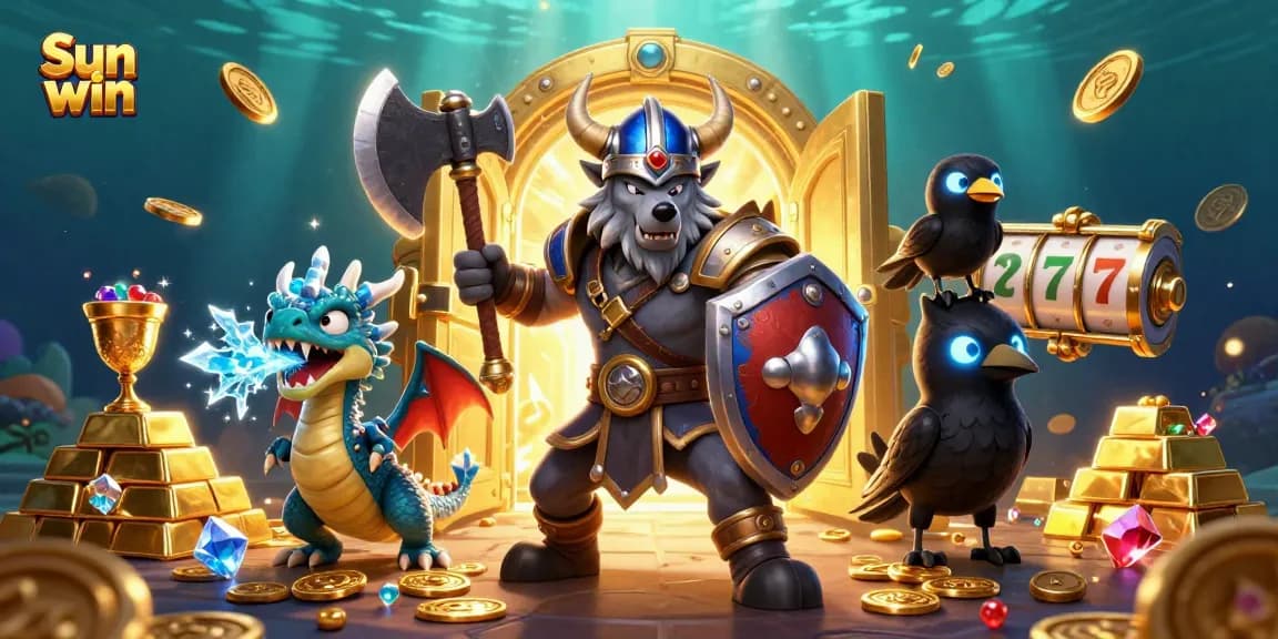Experience the thrill of Sun win casino games with a dynamic Viking wolf and treasure scene.