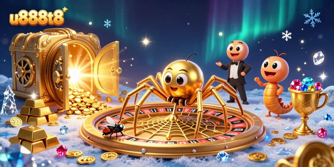 Spin to win at u888t8 with a golden spider and thrilling roulette wheel imagery.