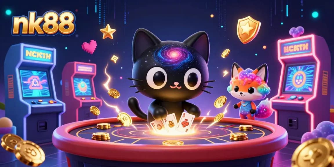 Engage in exciting casino action with nk88, featuring a black hole cat and colorful fox in a cosmic setting.