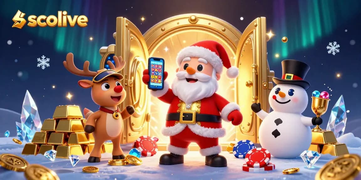 Socolive presents a vibrant casino scene with Santa experiencing jackpot excitement in a festive atmosphere.