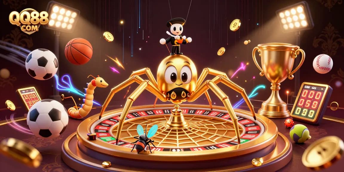 Bet dynamically at QQ88 COM featuring golden spider, fly, and centipede in an energetic casino scene.