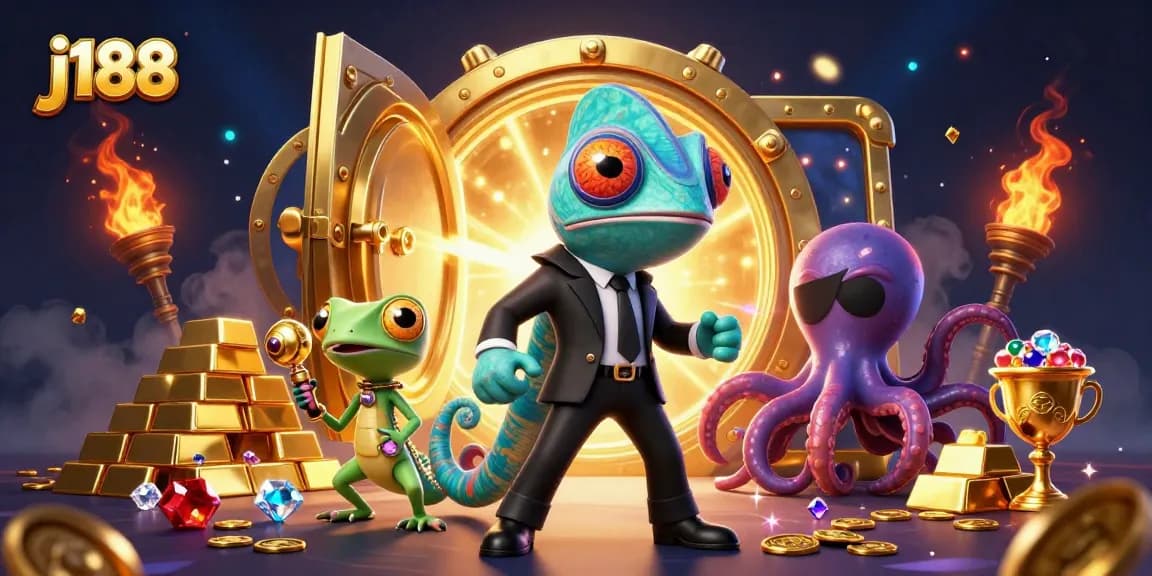 Experience thrilling gameplay at J188 with vibrant characters and rich treasures in this 3D illustration.