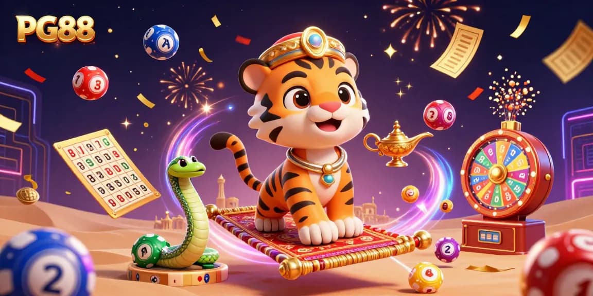 Engage with exciting gaming opportunities at PG88 with vibrant casino scenes and lottery elements.