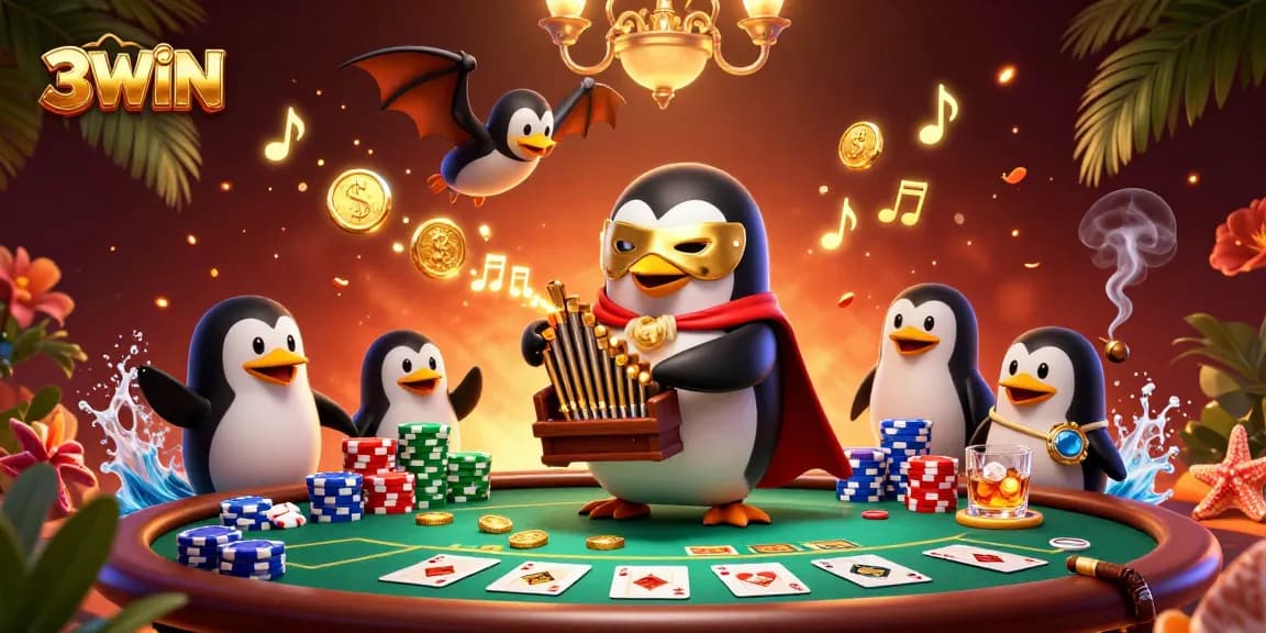 Experience the thrill of 3WIN at a captivating casino scene filled with poker elements and golden music notes.