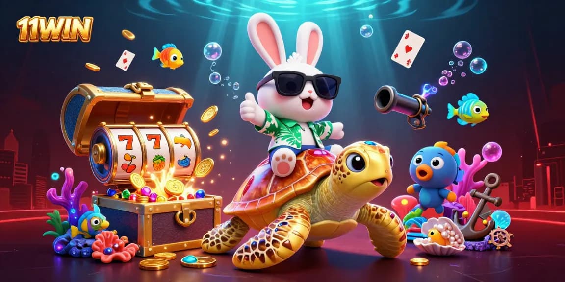 Experience the fun with 11WIN's lucky rabbit and golden turtle in a vibrant casino scene.