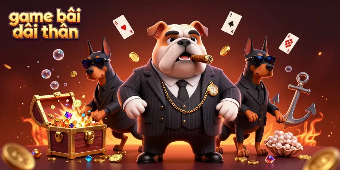 Experience game bài đổi thưởng with a cinematic illustration showcasing a cartoon mafia bulldog and Doberman bodyguards amidst vibrant casino elements.
