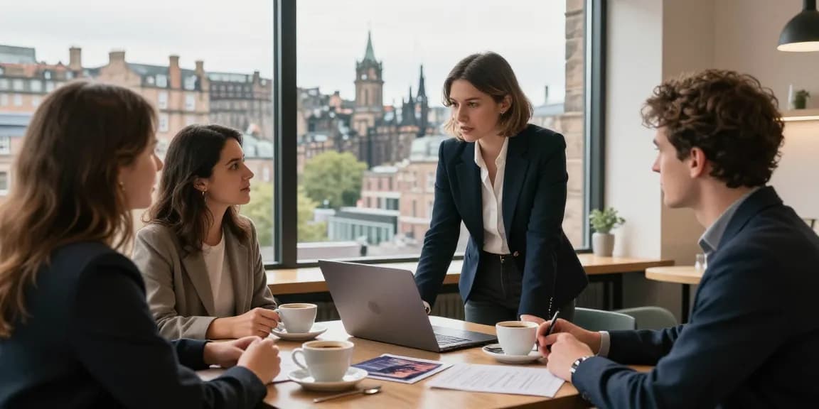 Engaging Edinburgh Airbnb management discussion showcasing hosts collaborating with experts for optimal rental strategies.