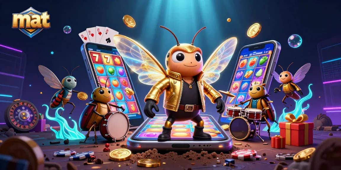 Engage in casino gaming excitement with the mat brand showcasing a vibrant 3D scene of a rock star cicada and casino elements.