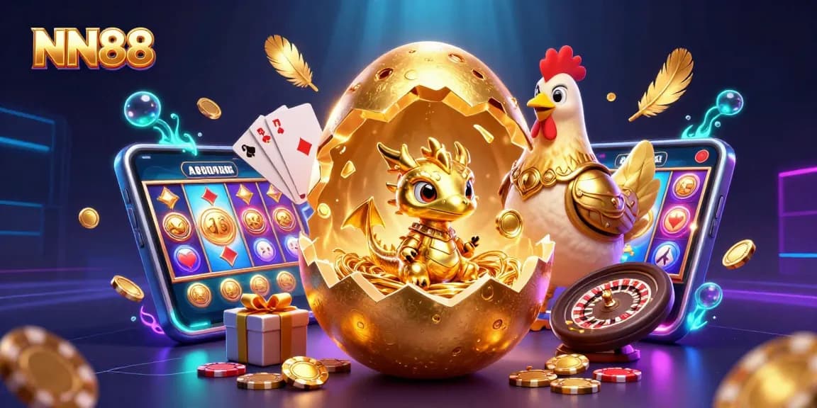 Engage with NN88's exhilarating gambling world featuring a golden dragon and dynamic casino elements.