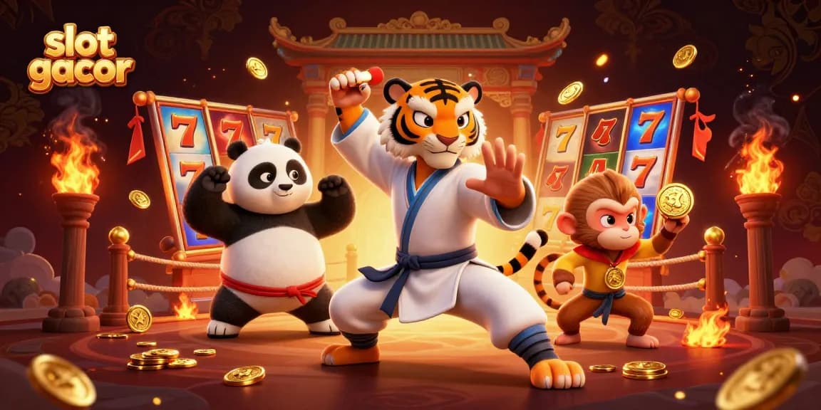 Engage with slot gacor visuals, featuring a kung fu tiger, panda disciple, and monkey amidst dynamic casino elements.