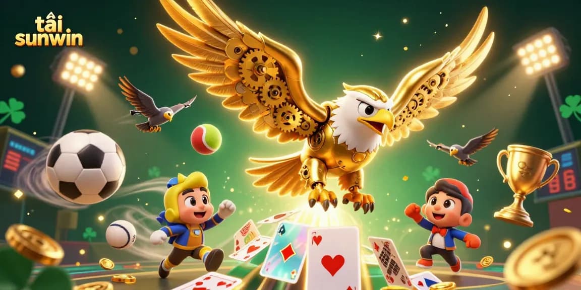 Experience the excitement to tải sunwin with our dynamic gaming scene featuring a cybernetic eagle and vibrant elements.