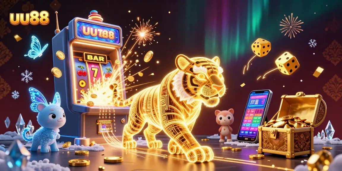 Immerse in the vibrant uu88 casino world, featuring a glowing golden tiger and dynamic slots action.