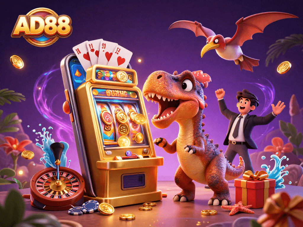 AD88 online casino features a pachycephalosaurus and exciting gaming elements in a vibrant scene.