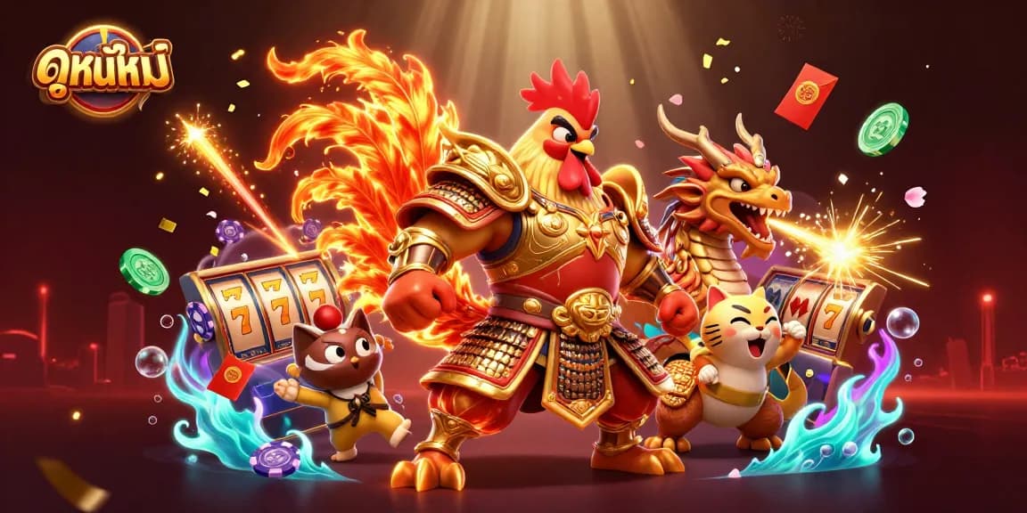 Experience ดูหนังใหม่ with an exciting 3D illustration of gaming elements and vibrant characters in a packed casino scene.