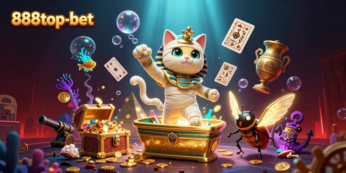 Play exciting games at 888top-bet with Egyptian mummy and glowing scarab in a rich casino scene.