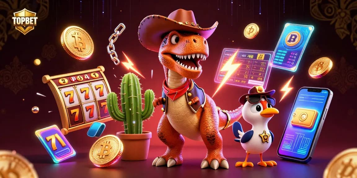 Engage in winning strategies with TOPBET at a vibrant casino scene featuring cartoon characters and slot reels.