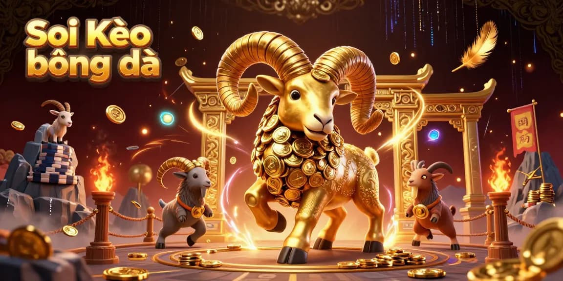 Soi Kèo bóng đá excites with a golden ram charging through a vibrant arena filled with betting tokens.