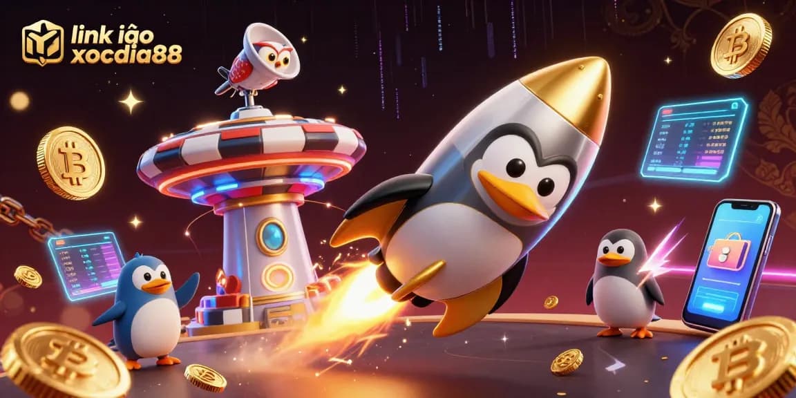 Experience gaming excitement with link vào xocdia88 as the golden penguin races through a neon-lit casino universe.