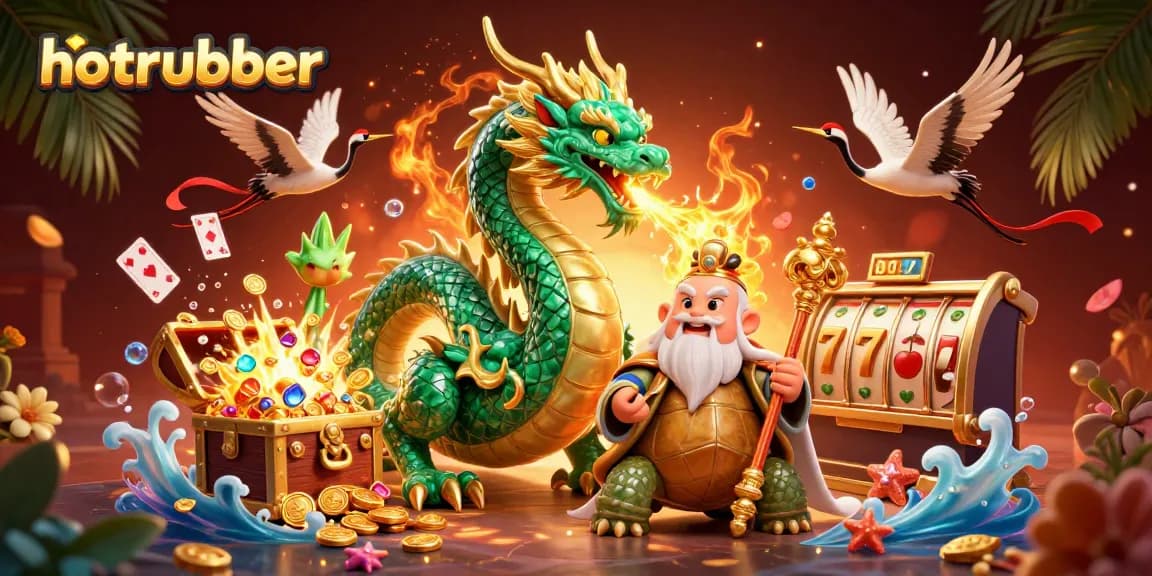 Experience thrilling wins with hotrubber illustrated by a jade dragon and vibrant slot reels.
