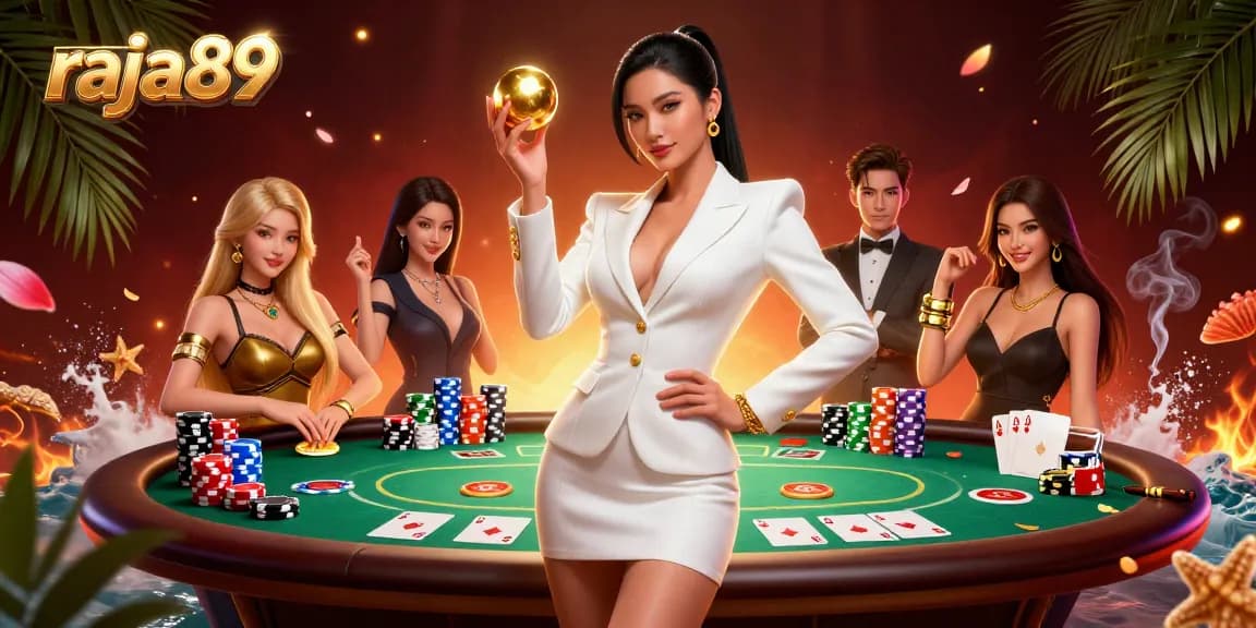 Engage in thrilling gameplay with raja89, featuring a confident Asian woman holding a golden roulette ball amidst a vibrant casino atmosphere.