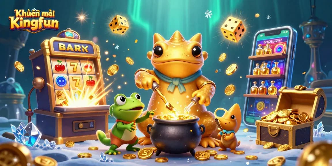 Explore the exciting Khuyến mãi Kingfun with vibrant casino visuals featuring gold coins and lively characters.