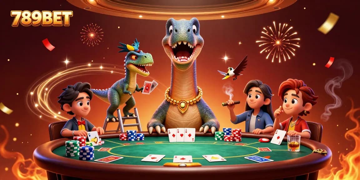 Engage in thrilling poker action at 789BET with vibrant casino atmosphere and playful characters.