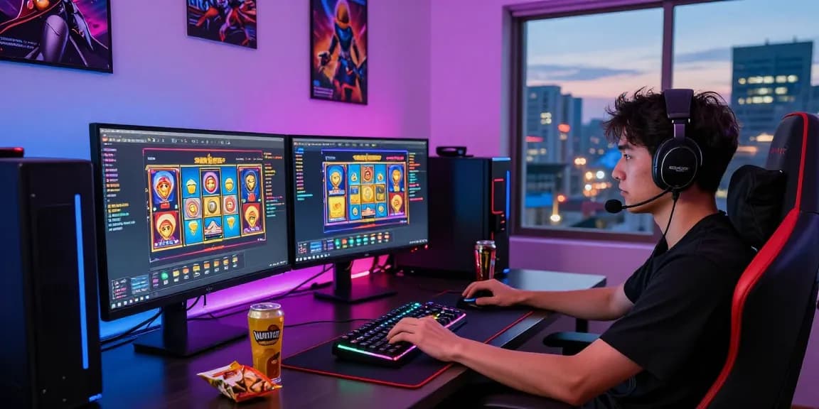 Engaging gamer immersed in situs slot deposit 10 ribu gameplay, showcasing colorful graphics and vibrant gaming setup.