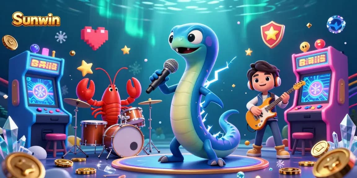 Sunwin casino features a vibrant underwater scene with an electric eel DJ, lobster drummer, and seahorse guitarist, creating a lively atmosphere.