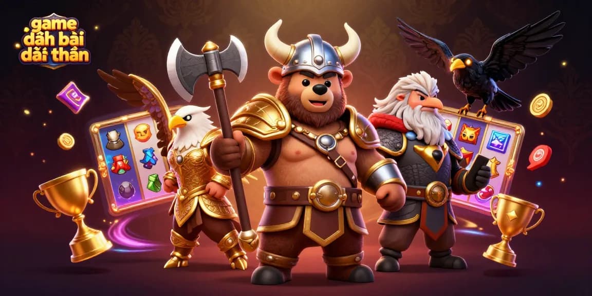Engage in exciting game đánh bài đổi thưởng with a vibrant 3D illustration of a Viking and Valkyrie amid casino elements.