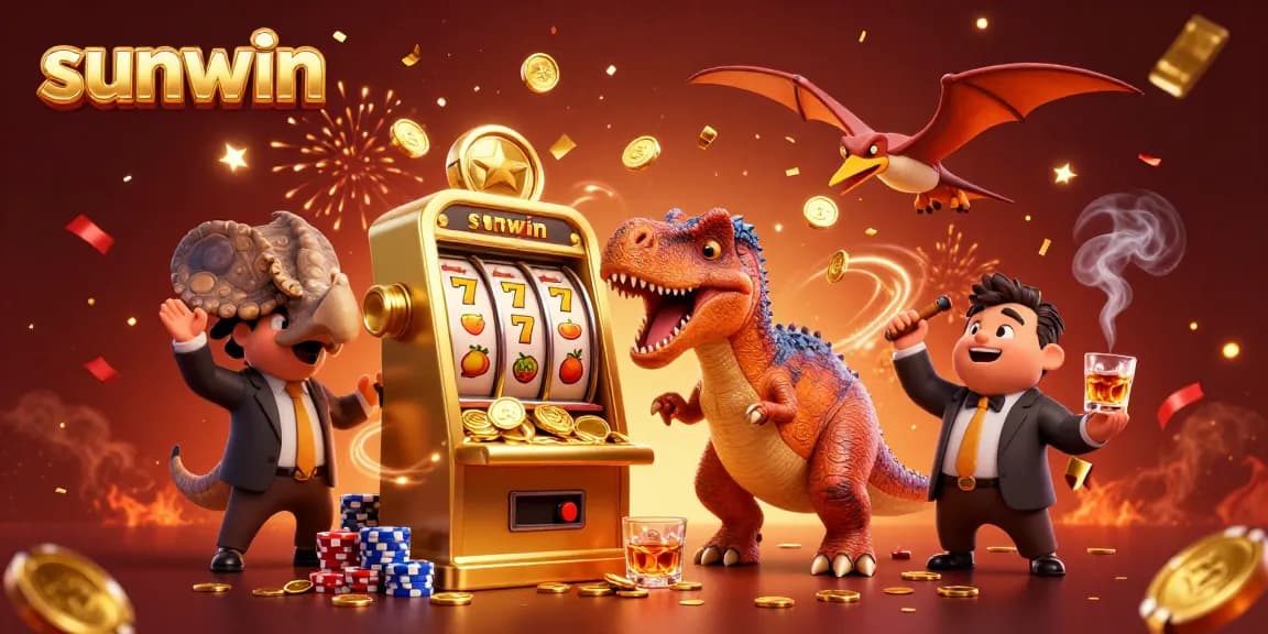 Sunwin slot machine scene with cartoon dinosaurs celebrating jackpot wins amidst confetti and poker elements.